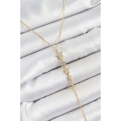 Pirinç Zirkon Taşlı Sıralı Yıldız Figürlü Y Model Gold Renk Kadın Kolye