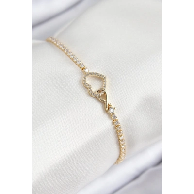 Pirinç Zirkon Taşlı Sonsuzluk Kalp Model Gold Renk Kadın Bileklik