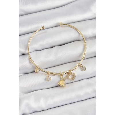 Pirinç Zirkon Taşlı Tavşan Ve Kalp Model Gold Renk Charm Bileklik