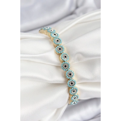 Pirinç Zirkon Taşlı Turkuaz Nazar Model Gold Renk Lastikli Kadın Bileklik