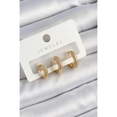 Pirinç Zirkon Taşlı Yıldız Model Gold Renk 3lü Çift Kadın Küpe Set