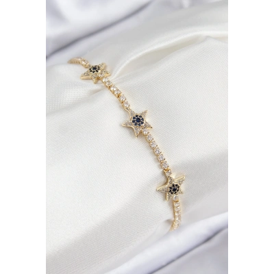 Pirinç Zirkon Taşlı Yıldız Model Gold Renk Kadın Bileklik