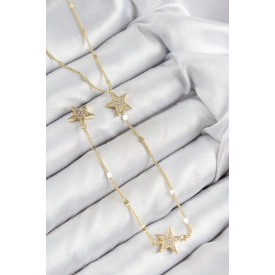 Pirinç Zirkon Taşlı Yıldız Model Gold Renk Y Kolye