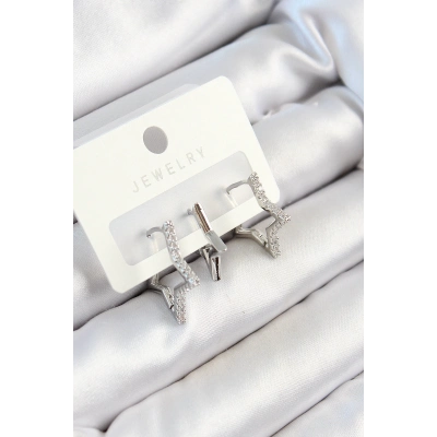 Pirinç Zirkon Taşlı Yıldız Model Gümüş Renk 3lü Çift Kadın Küpe Set