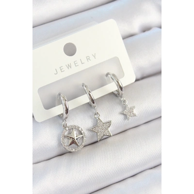 Pirinç Zirkon Taşlı Yıldız Model Gümüş Renk 3lü Çift Kadın Küpe Set