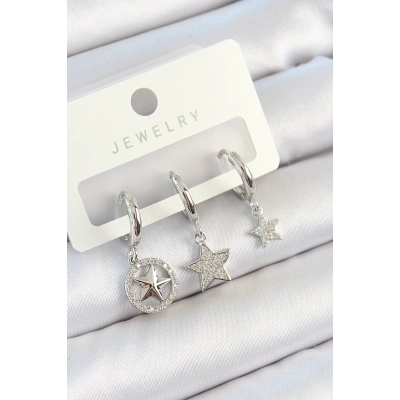 Pirinç Zirkon Taşlı Yıldız Model Gümüş Renk 3lü Çift Kadın Küpe Set