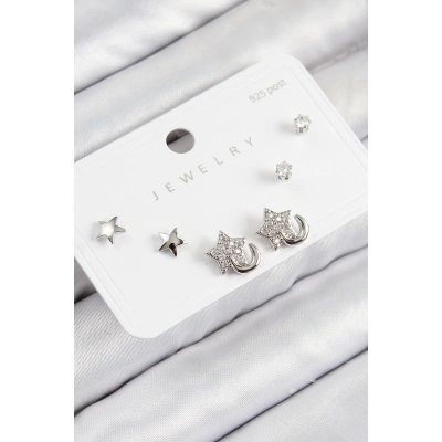 Pirinç Zirkon Taşlı Yıldız Model Gümüş Renk 925 Ayar Gümüş Çivi Kadın Küpe Set