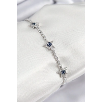 Pirinç Zirkon Taşlı Yıldız Model Gümüş Renk Kadın Bileklik