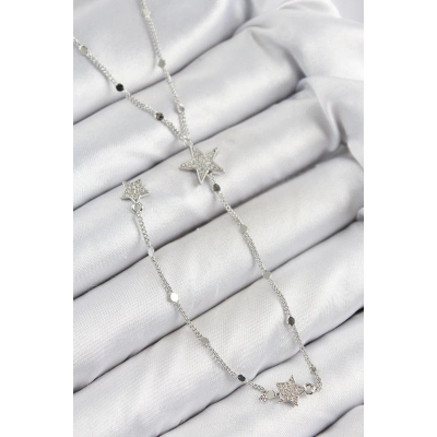 Pirinç Zirkon Taşlı Yıldız Model Gümüş Renk Y Kolye