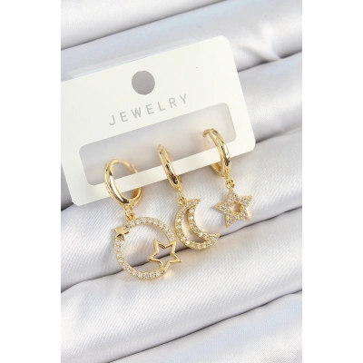 Pirinç Zirkon Taşlı Yıldız Ve Ay Model Gold Renk 3lü Kadın Küpe Set