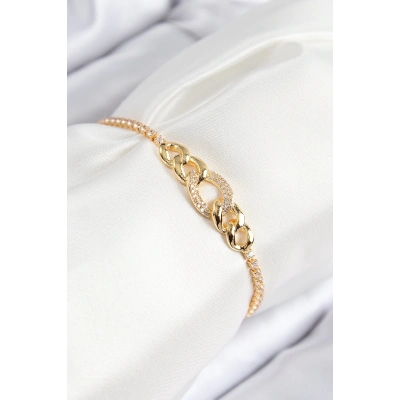 Pirinç Zirkon Taşlı Zincir Model Gold Renk Asansörlü Kadın Bileklik