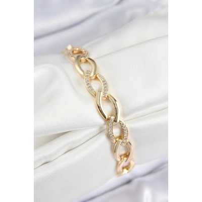 Pirinç Zirkon Taşlı Zincir Model Gold Renk Kadın Bileklik