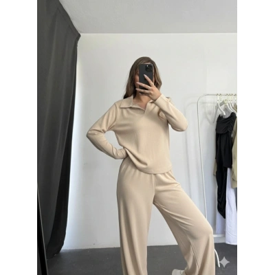 Polo yaka alt üst kollu modal takım bej pt