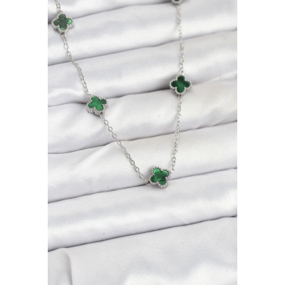 316L Çelik Zincir Gümüş Renk Yeşil Baby Boy Yonca Kadın Kolye