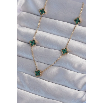 316L Çelik Gold Renk Minimal Yeşil Mineli Yonca Kolye