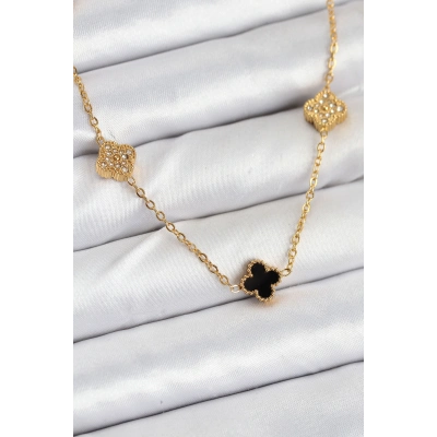 316L Çelik Zincir Gold Renk Siyah ve Zirkon Taşlı Baby Boy Yonca Kadın Kolye