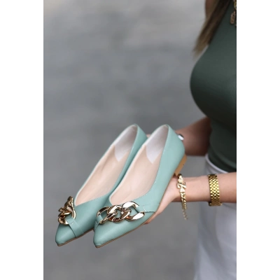 Popi Mint Yeşili Cilt Zincirli Babet Ayakkabı