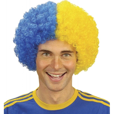 Sarı Lacivert Kıvırcık Afro Bonus Taraftar Peruğu