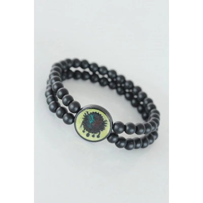 Sarı Renkli Metal Üzerine Osmanlı Arma Figürlü Siyah Renk Çift Sıra Doğal Taş Erkek Bileklik