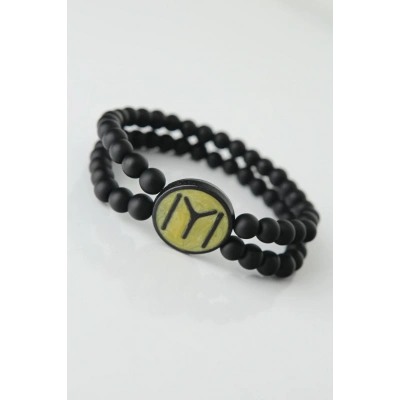 Sarı Renkli Metal Üzerine Siyah Kayı Boyu Figürlü Siyah Renk Çift Sıra Doğal Taş Erkek Bileklik
