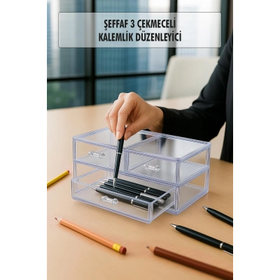 Şeffaf Akrilik 3 Gözlü Çekmece Kalemlik