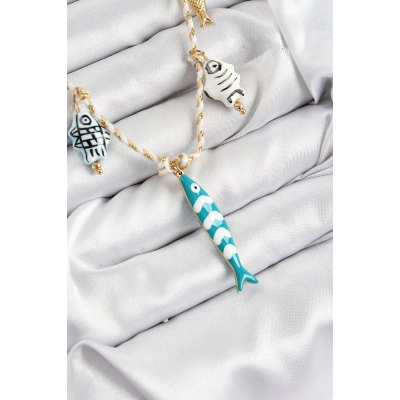 Seramik Motifli Balık Figürlü Model Krem İp Kadın Kolye