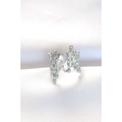 Silver Renk Tırtıklı Kalın Baget Taş Tasarım Ayarlanabilir Yüzük