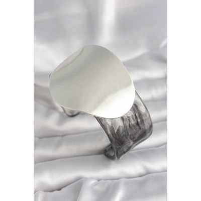 Siyah Mermer Desen Akrilik Pilastik Gümüş Plaka Model Vintage Kadın Bilezik