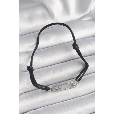 Siyah Renk İpli Asansör Zirkon Taşlı Gümüş Messika Model Kadın Bileklik