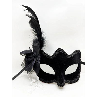Siyah Süet Yandan Tüylü İncili Parti Maskesi