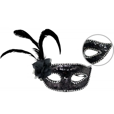 Siyah Yandan Tüylü Güllü Taşlı Pullu Maske