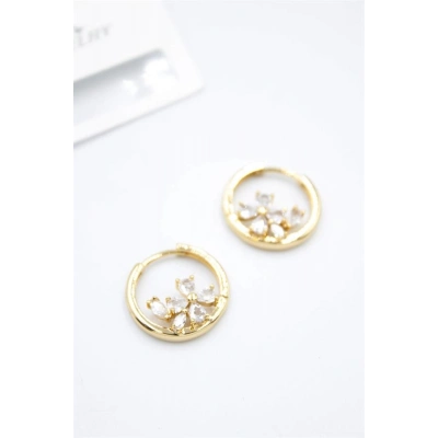 Taşlı Çiçek Küpe - Altın