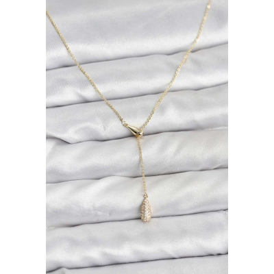 Pirinç Gold Renk Asansörlü Damla Model Kadın Kolye