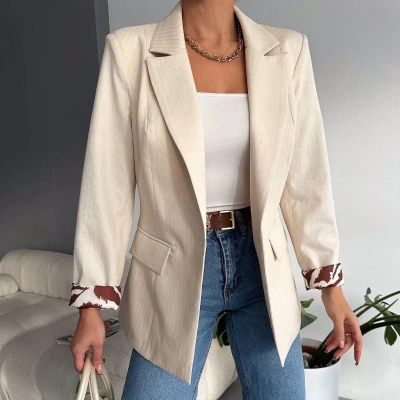 TAVSİYE EDİLEN GÜVENLİ SATICI Leopar Desenli Kol Detaylı Tek Düğmeli Keten Kadın Ceket