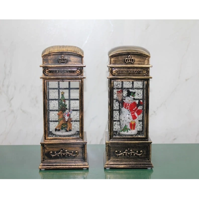 Telefon Kulübesi Tasarımlı Yılbaşı Temalı Işıklı Müzikli Kar Küresi Model 1