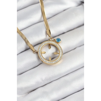 316L Çelik Zirkon Taşlı Çeyrek Takılabilir Gold Renk Kadın Kolye