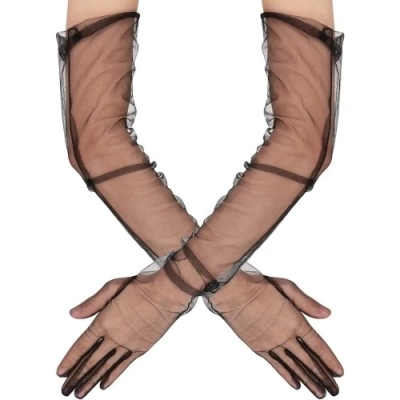 Uzun Boy Likralı Siyah Yetişkin Mega Tül Eldiven