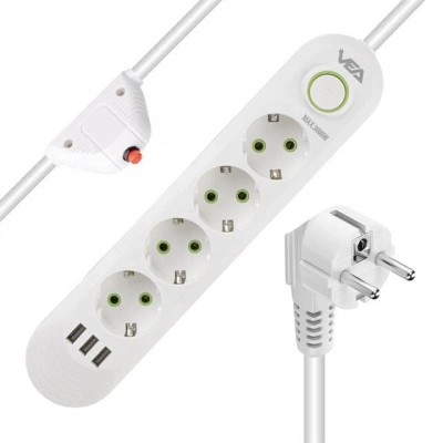 Vea Va-21560 4lü 3 Usbli 1.5 Metre Akım Korumalı Priz Beyaz