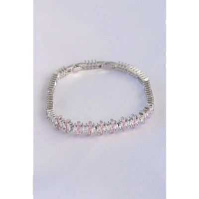 Vip Seri Pirinç Pembe Zirkon Taşlı Gümüş Renk Baget Model Bileklik