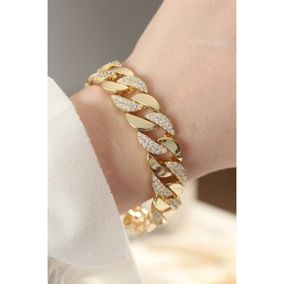 Vip Seri Pirinç Zirkon Taşlı Gold Renk Gurmet Bileklik