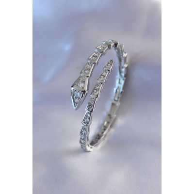 VIP Seri Yılan Model Gümüş Renk Kadın Kelepçe Bileklik