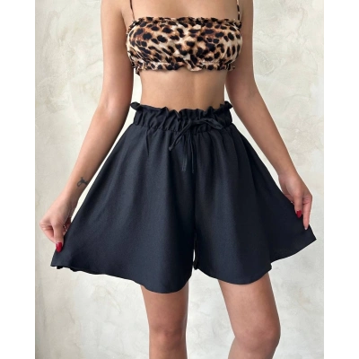 Volanlı keten şort siyah s255058