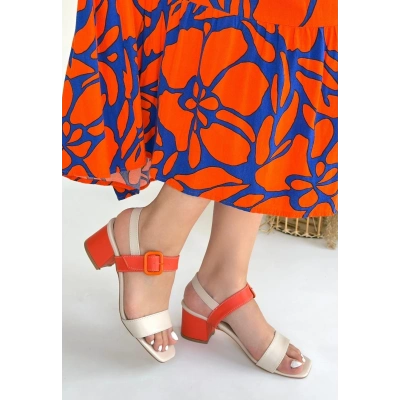 Year Bej Cilt Turuncu Detaylı Turuncu Topuklu Topuklu Ayakkabı