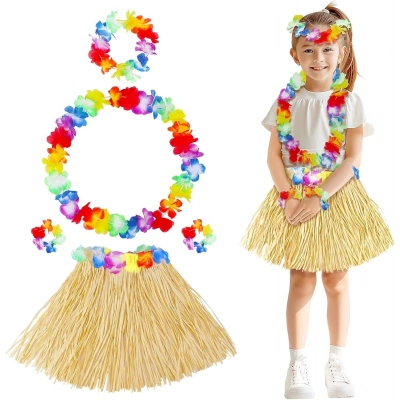 Yetişkin Çocuk Hawaii Parti Seti - 40 Cm Naturel Etek + Çiçek Aksesuarlar (5 Parça)