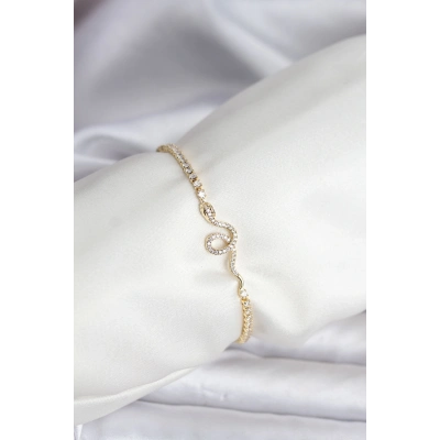 Yılan Model Zirkon Taşlı Gold Renk Pirinç Su Yolu Kadın Bileklik