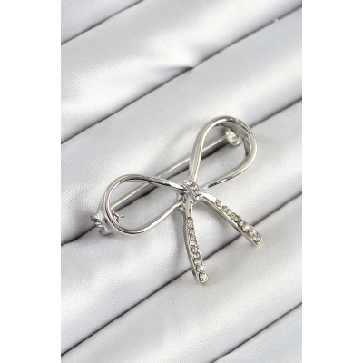 Zirkon Taş Detaylı Fiyonk Figürlü Gümüş Renk Kadın Broş