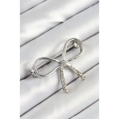 Zirkon Taş Detaylı Fiyonk Figürlü Gümüş Renk Kadın Broş