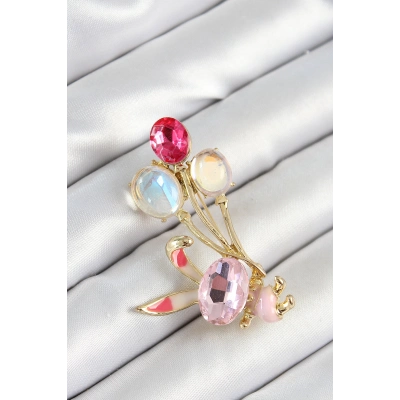 Zirkon Taşlı  Balonlu Pembe Tavşan Figürlü Gold Renk Kadın Broş