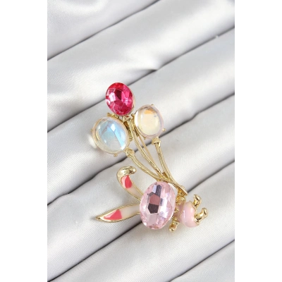 Zirkon Taşlı  Balonlu Pembe Tavşan Figürlü Gold Renk Kadın Broş