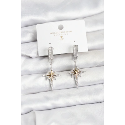 Zirkon Taşlı Gümüş Renk Pirinç Kutup Yıldızı Model Kadın Küpe